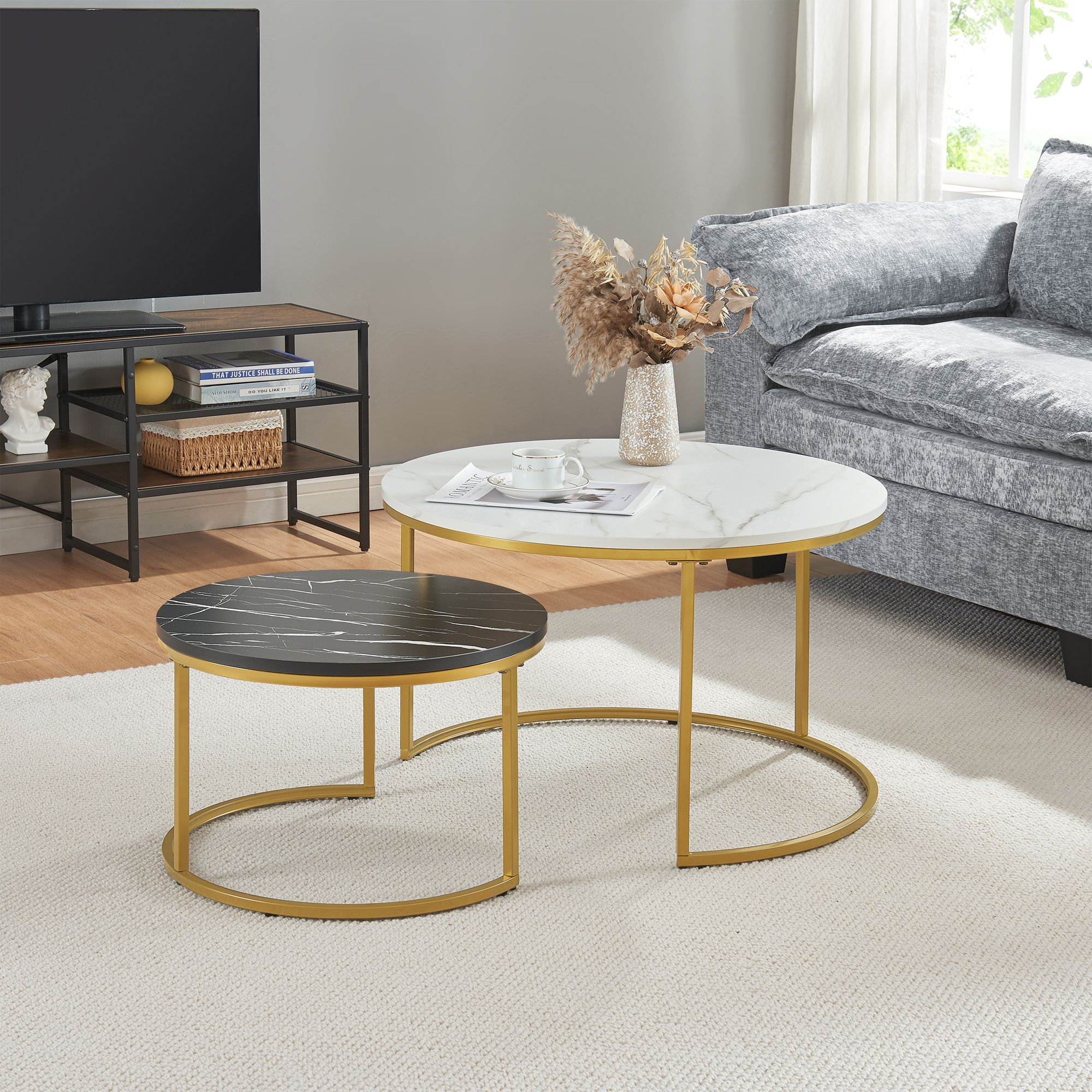 foto del prodotto set christchurch 2 tavolini sovrapponbili con piani rotondi effetto marmo bianco e nero oro en.casa 