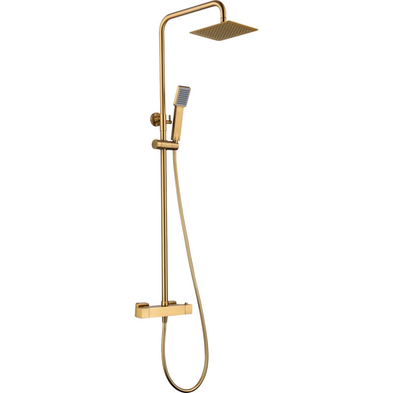 foto del prodotto set colonna doccia asta doccia termostatica allungabile in acciaio inox con doccetta e maniglia doccia in oro spazzolato