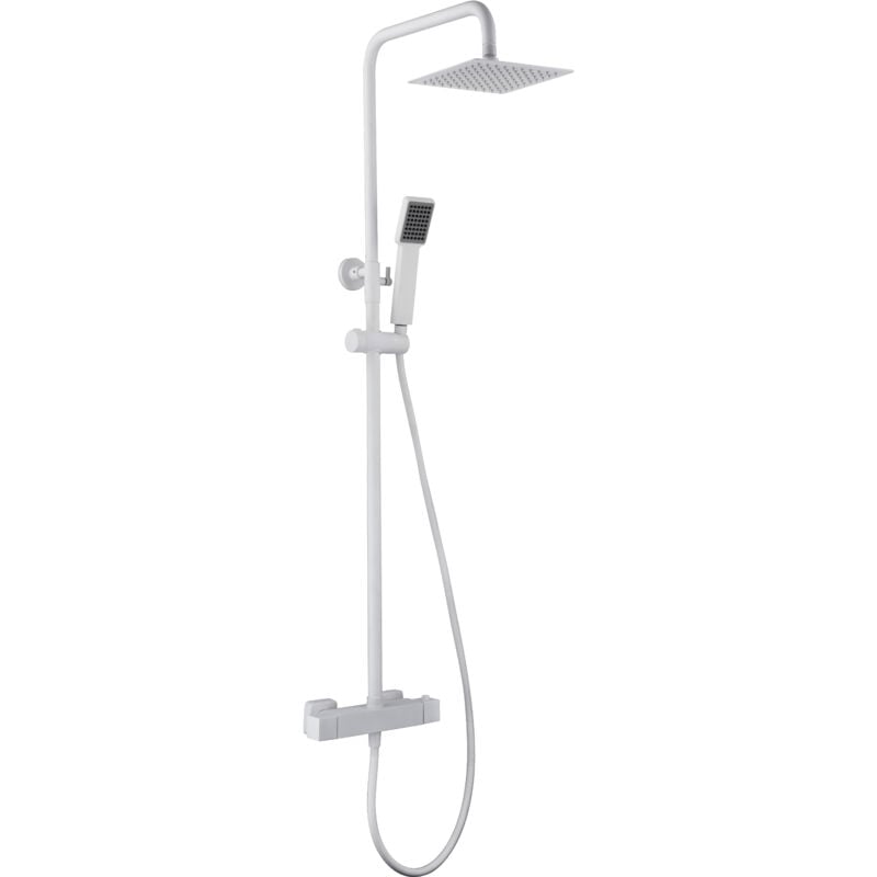 foto del prodotto set colonna doccia asta doccia termostatica estensibile in acciaio inox con doccetta e maniglia doccia in bianco opaco