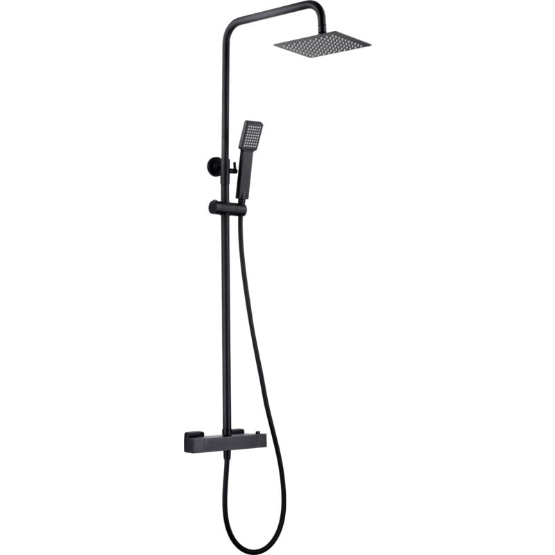 foto del prodotto set colonna doccia asta doccia termostatica estensibile in acciaio inox con doccetta e maniglia doccia in nero opaco
