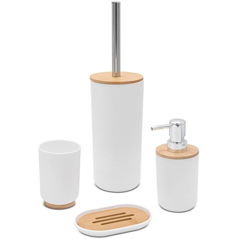 foto del prodotto set completo accessori bagno da appoggio in abs bianco e bamboo surf