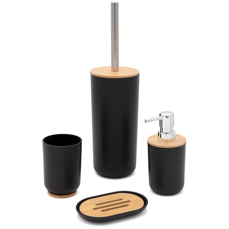 foto del prodotto set completo accessori bagno da appoggio in abs nero e bambù surf