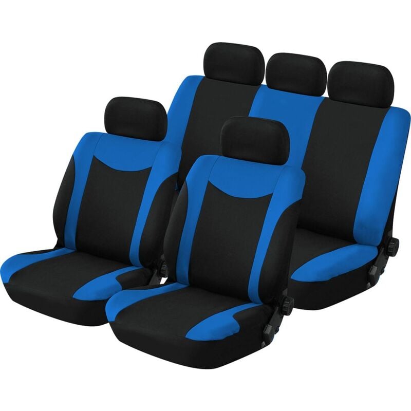 foto del prodotto set completo coprisedili e poggiatesta uranus nero e blu per tutte le auto, anche per sedili con braccioli