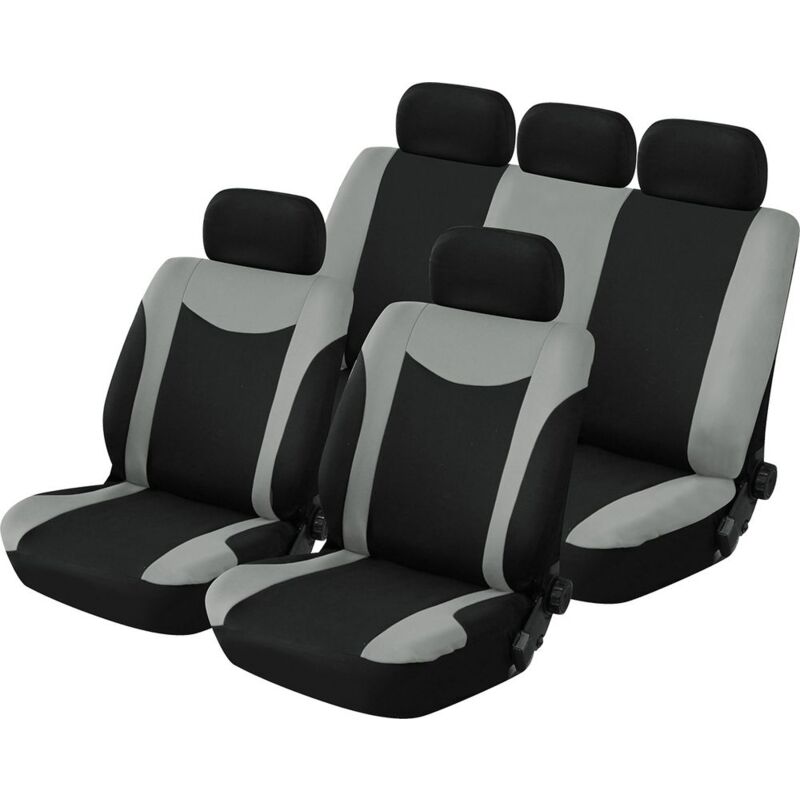 foto del prodotto set completo coprisedili e poggiatesta uranus nero e grigio per tutte le auto, anche per sedili con braccioli