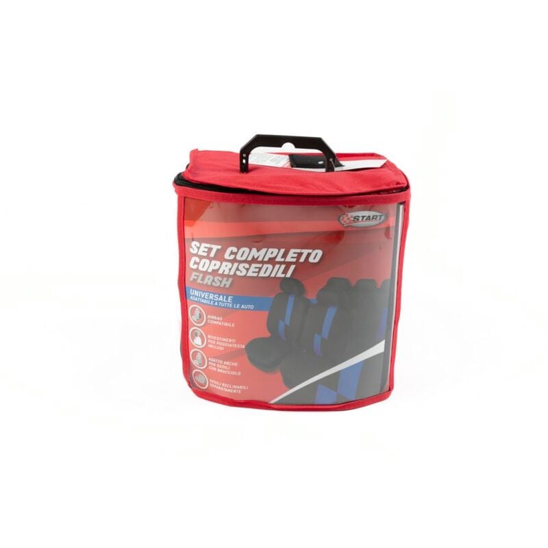 foto del prodotto set completo coprisedili flash auto universale airbag poggiatesta poliestere protezione comodit nero blu