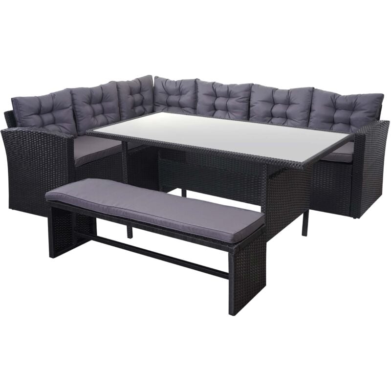 foto del prodotto set completo di mobili da giardino terrazza balcone veranda in polyrattan nero cuscino grigio scuro con panca 040003045