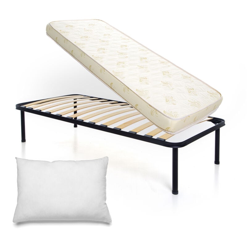 foto del prodotto set completo rete ortopedica a doghe per letto singolo 80x190 cm con materasso e cuscino, altezza totale 35 cm, fissaggio a doppio bullone 100 