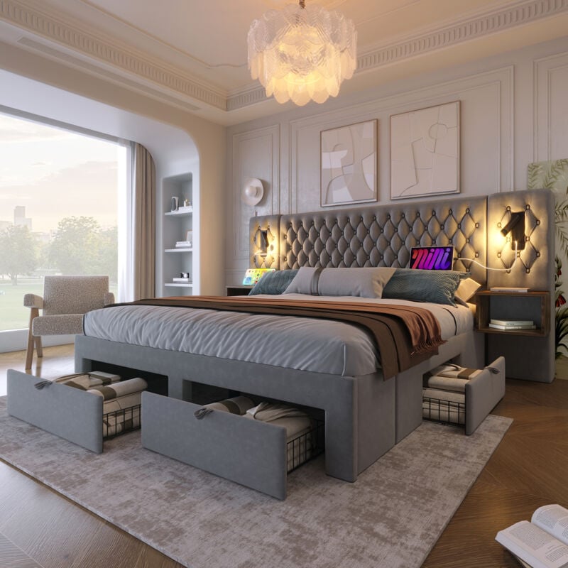 foto del prodotto set completo sistema letto per camera da letto, letto matrimoniale imbottito 180 200 cm con 2 comodini e 4 cassetti, lampada da lettura testiera con