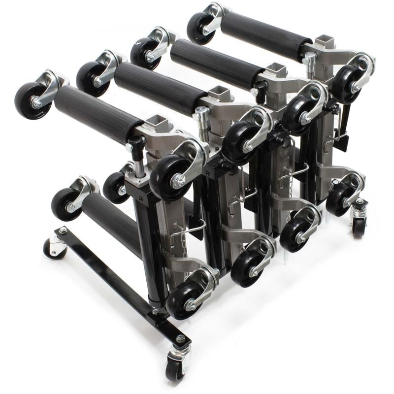 foto del prodotto set con supporto per 4x carrelli sposta auto e 4x carrelli di ausilio alla manovra con cric idraulico per max 680kg l uno e gomme fino a 30cm wiltec