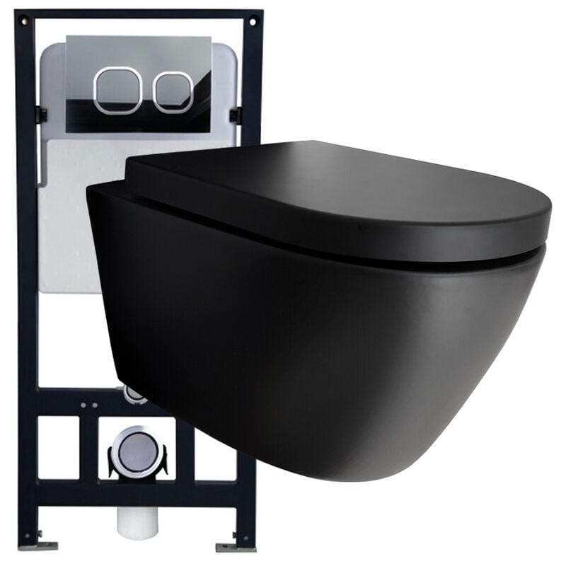 foto del prodotto set convenienza 43 wc b-8030r nero opaco con sedile soft-close con elemento pre-murale g3004a e piastra di azionamento anteriore placca di comando