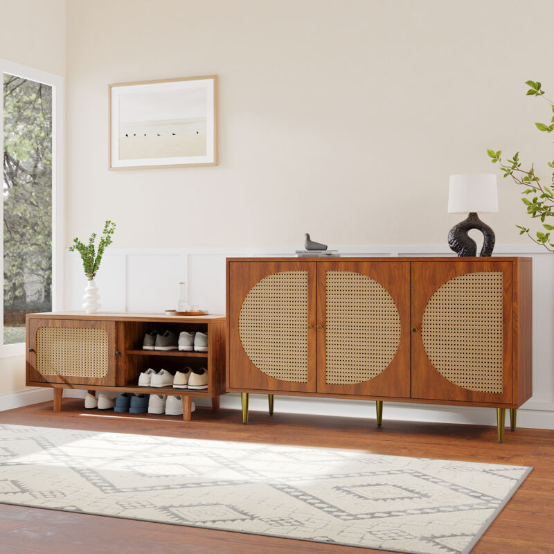 foto del prodotto set credenza in rattan per soggiorno combinazione di cassettiera e scarpiera in rattan, colore noce