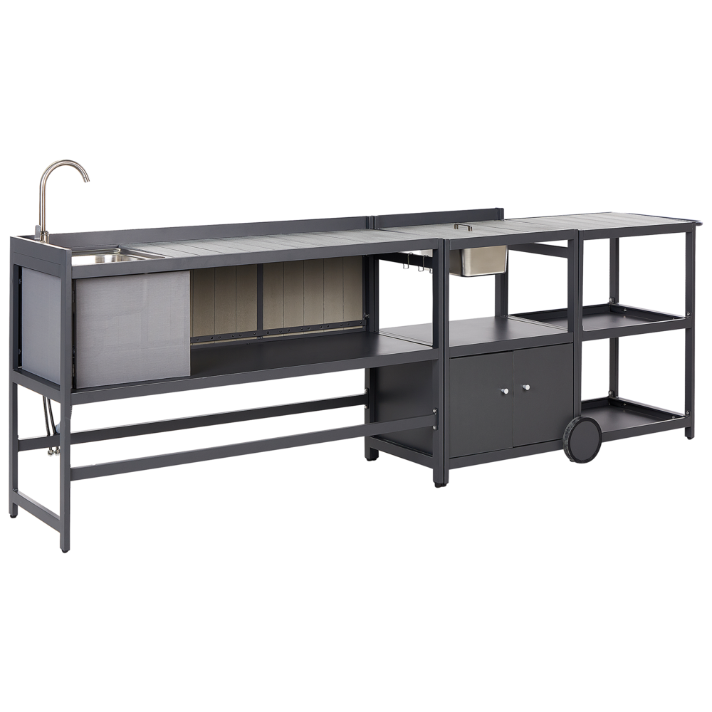 foto del prodotto set cucina da esterno 3 elementi in acciaio grigio 2 armadietti portaoggetti e lavello leva cucino da esterno