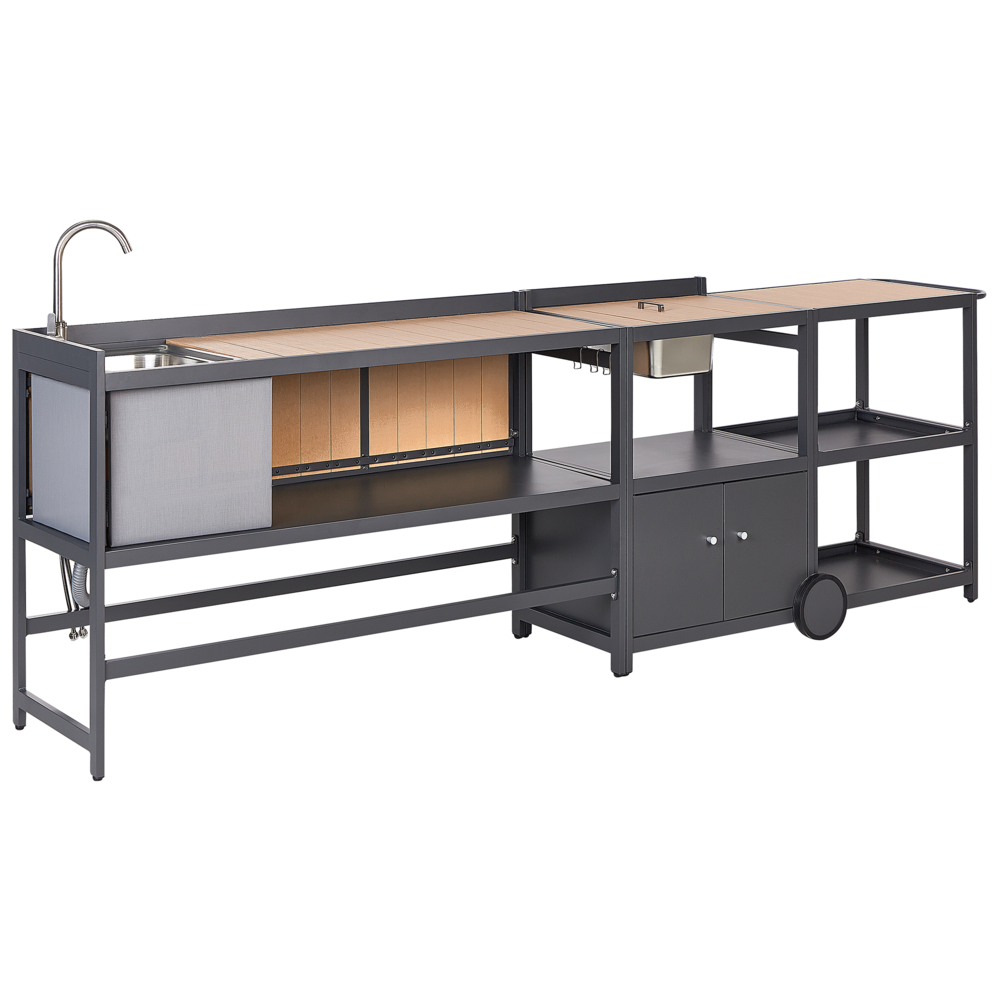 foto del prodotto set cucina da esterno 3 elementi in acciaio legno naturale 2 armadietti portaoggetti e lavello leva cucino da esterno