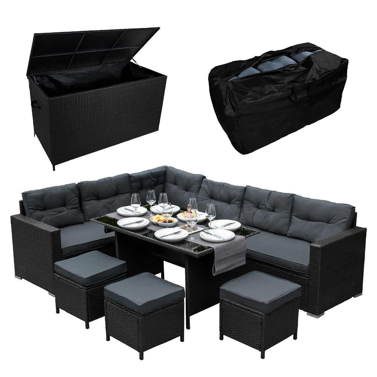 foto del prodotto set d 39 angolo in rattan e box da giardino nero grande cuscino cassapanca 582l outdoor