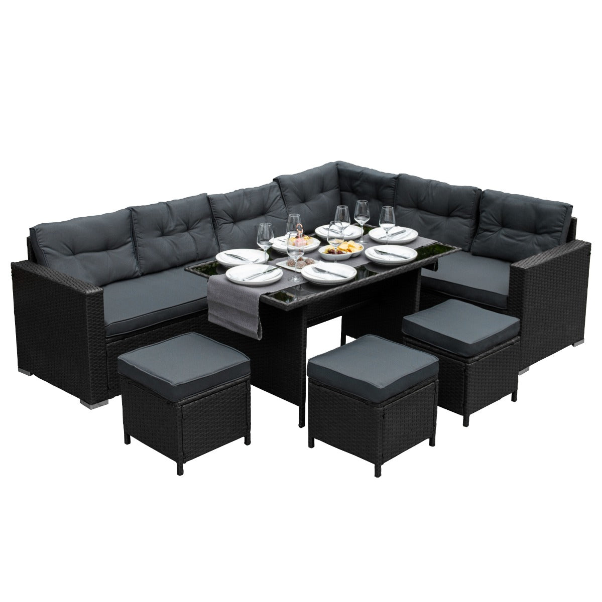 foto del prodotto set d 39 angolo in rattan mobili da giardino nero divano sgabelli tavolo cuscini impermeabili