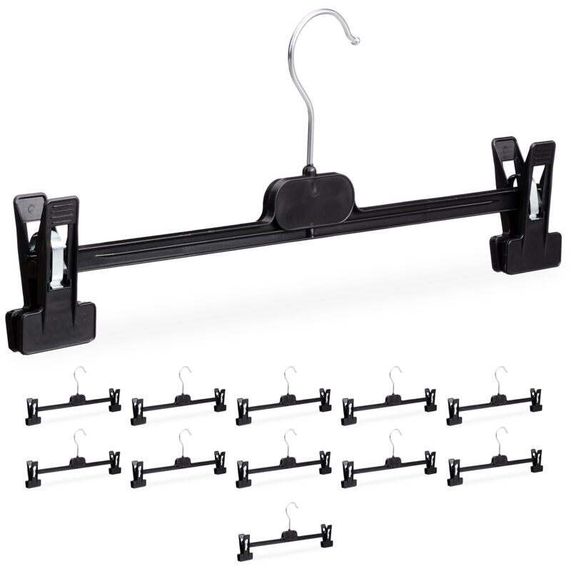 foto del prodotto set da 12 grucce per pantaloni, appendini gonne, 2 clip appendi abiti, plastica e ferro, 15x35,5x2,5 cm, nero relaxdays