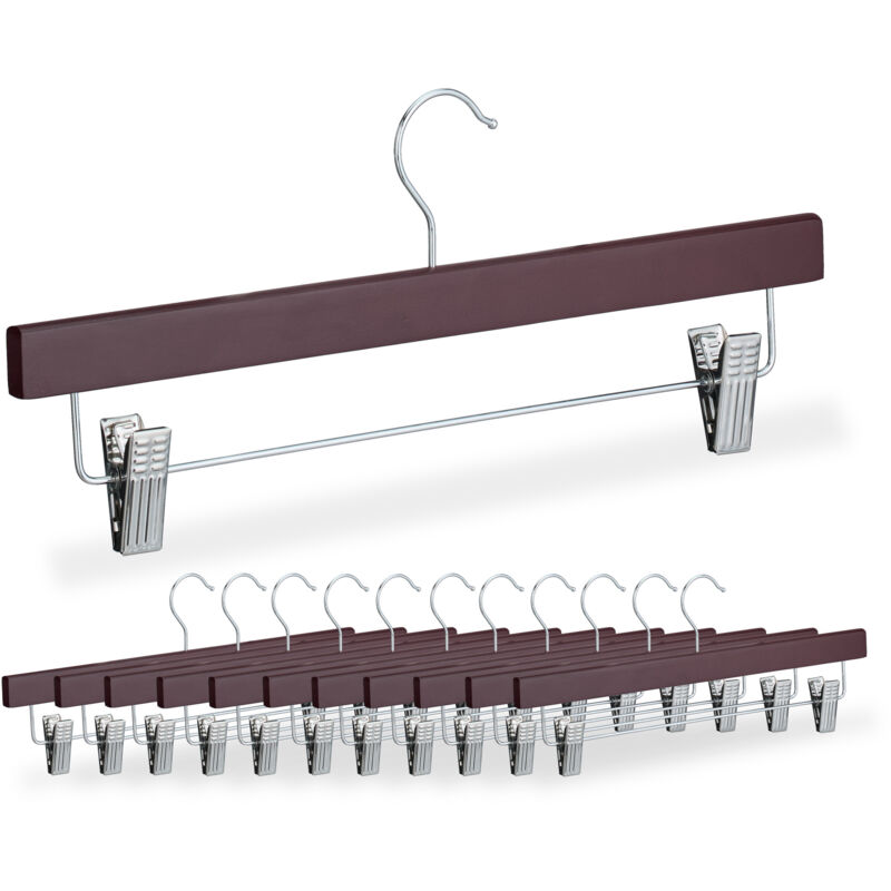 foto del prodotto set da 12 grucce per pantaloni, appendini per gonne, 2 clip appendi abiti, legno, ferro, 15,5x36x3 cm, marrone relaxdays