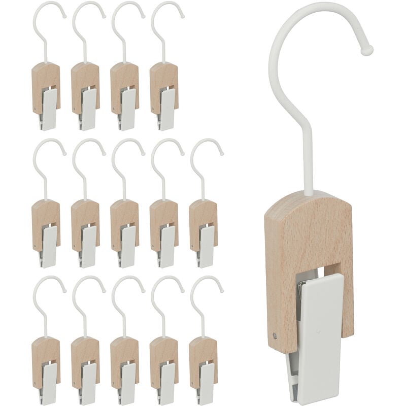 foto del prodotto set da 15 appendi stivali, gruccia in legno con clip e gancio in ferro, mollette gommate, bianco e legno