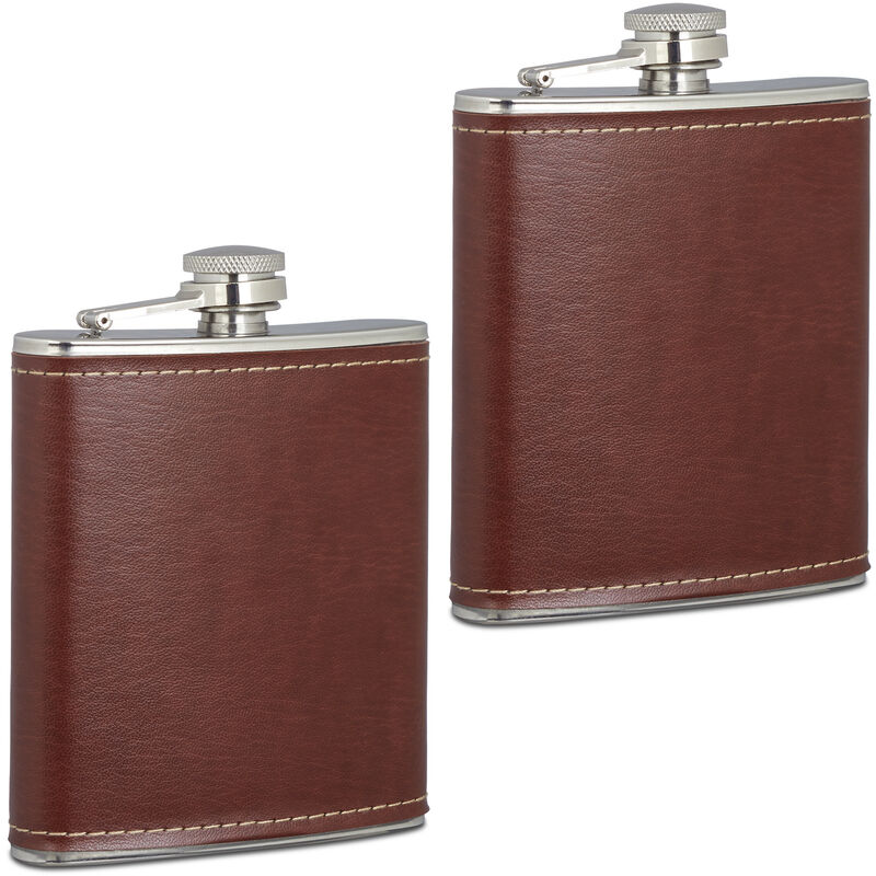 foto del prodotto set da 2 fiaschette tascabili, 200 ml, borraccia in acciaio inox con coperchio in finta pelle, marrone argento relaxdays