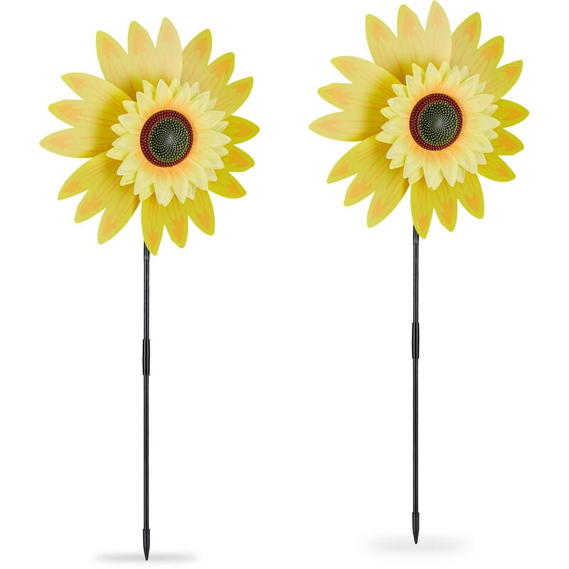 foto del prodotto set da 2 girandole a vento, forma di girasole, da giardino e balcone, gioco per bambini, 76x29x8 cm, giallo relaxdays
