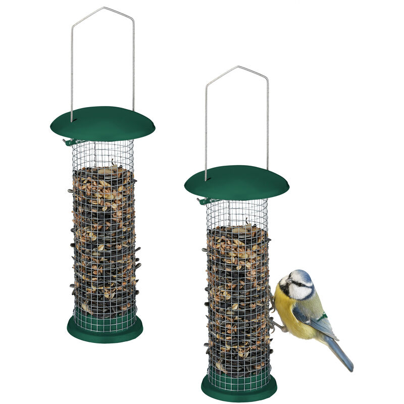 foto del prodotto set da 2 mangiatoie per uccelli da appendere, distributore cibo, grata in ferro, hxd 31 x 10 cm, nero verde relaxdays