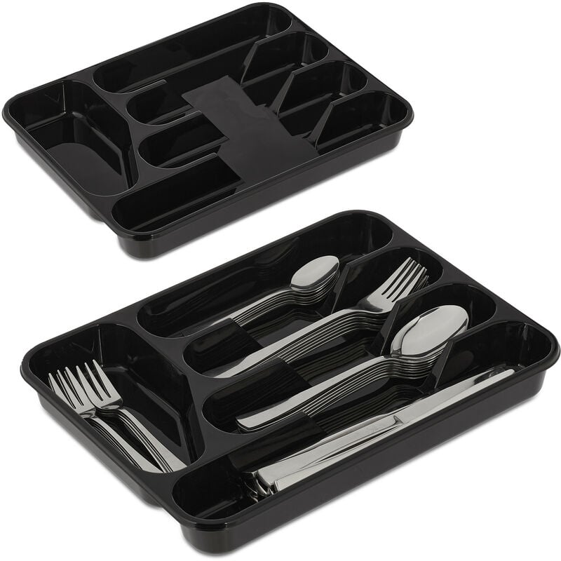 foto del prodotto set da 2 portaposate da cassetto, organizer cucina per posate, hlp 4x24,5x32,5 cm, 5 scomparti, plastica, nero relaxdays
