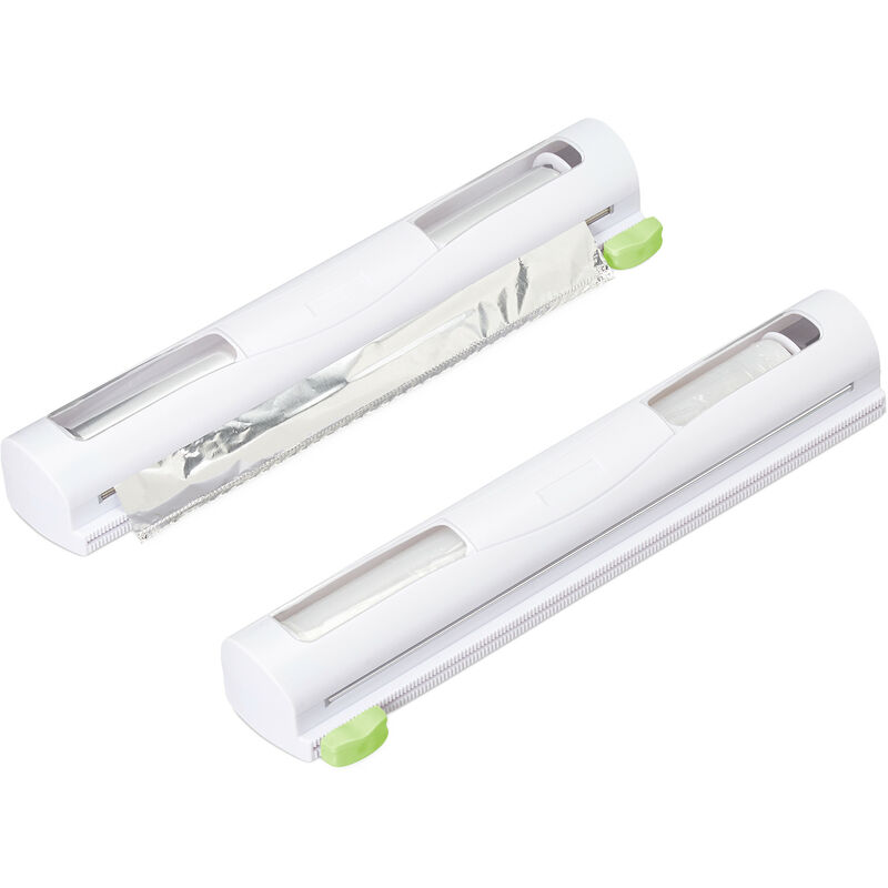 foto del prodotto set da 2 taglia pellicola da cucina, dispenser porta rotoli plastica alluminio, taglierina 5x37x8 cm, bianco relaxdays