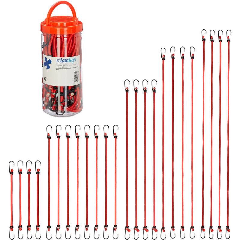 foto del prodotto set da 24 elastici portapacchi, cinghie con ganci fissaggio pacchi in auto, bici, 5 misure, universali, rosso relaxdays