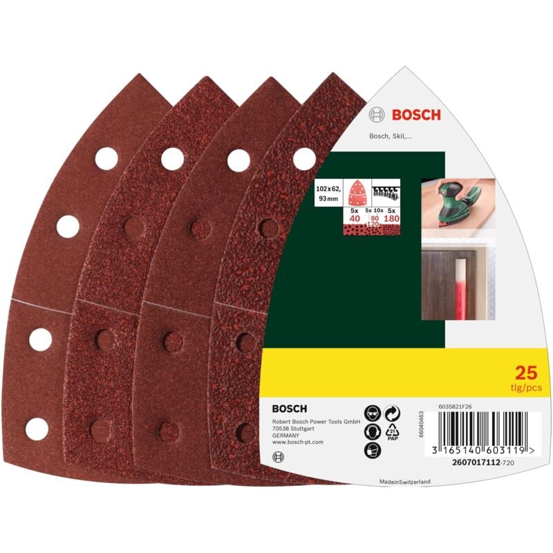 foto del prodotto set da 25 pezzi di fogli abrasivi, per legno, stucchi, pitture, vernici, grana 40 80 120 180, 11 fori, 102 x 62 mm, accessori levigatrice palmare