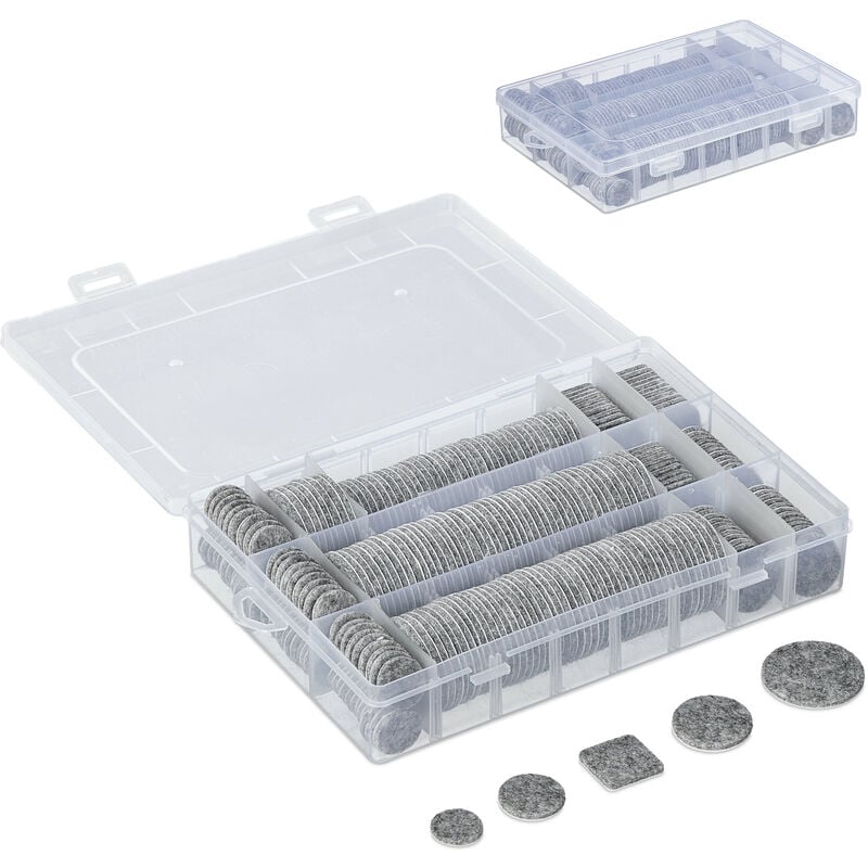 foto del prodotto set da 272 feltrini per sedie antiscivolo, rotondi e quadrati, autoadesivi feltro e pvc con scatola, grigio relaxdays