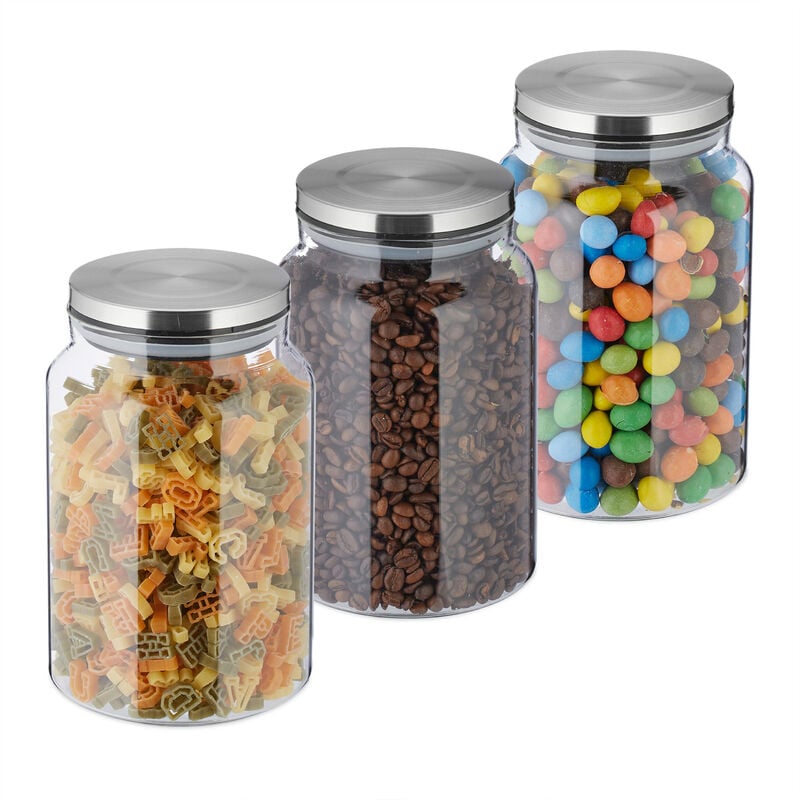 foto del prodotto set da 3 barattoli per alimenti, coperchio in acciaio inox, recipienti in vetro 1500 ml, trasparente argentato relaxdays