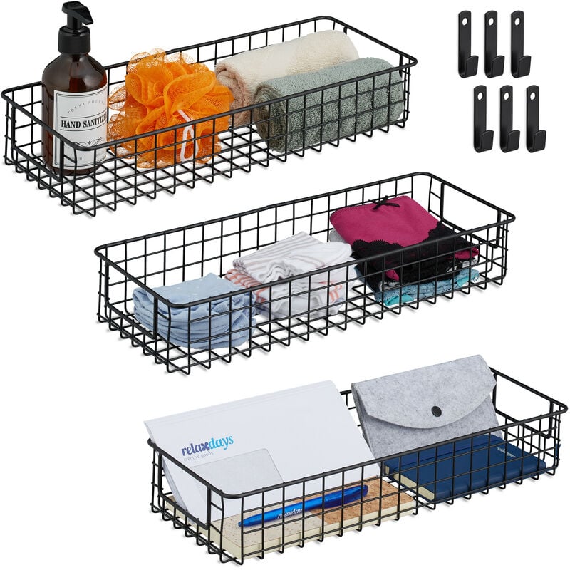 foto del prodotto set da 3 cestini portaoggetti in metallo, cesto multiuso a rete ferro, per cucina e bagno, 7,5x41x16 cm, nero relaxdays