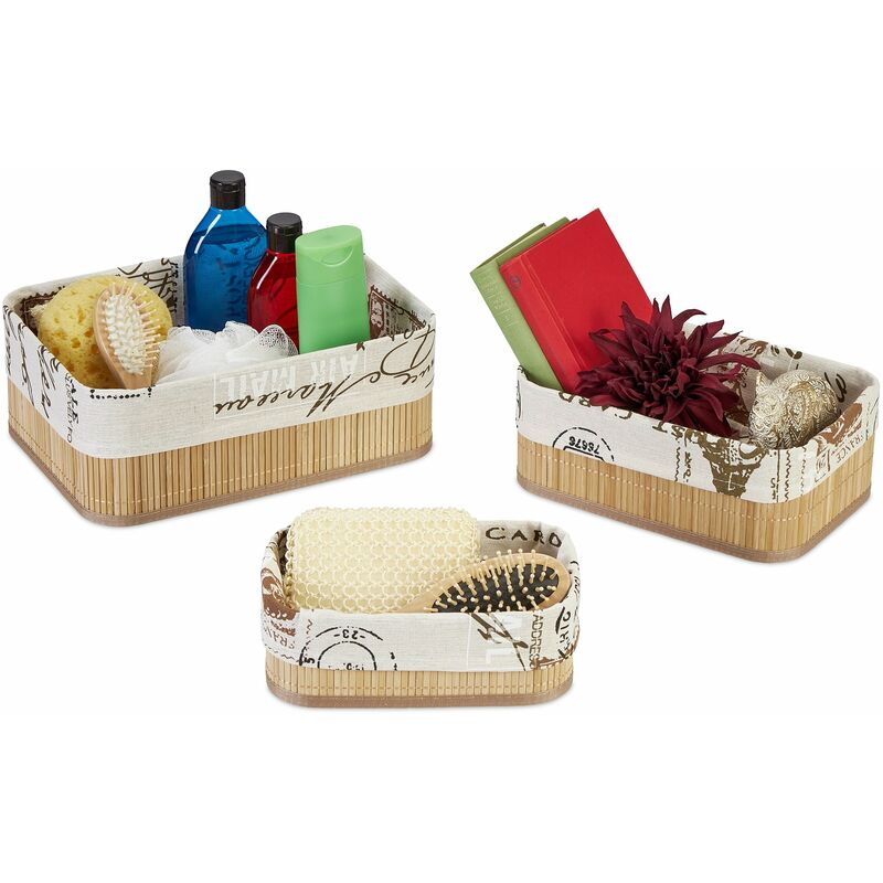 foto del prodotto set da 3 cestini portaoggetti, per cosmetici o asciugamani, motivo cartolina, varie dimensioni, natura crema relaxdays