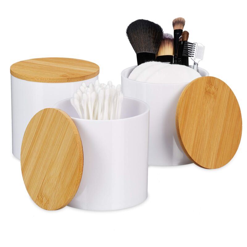 foto del prodotto set da 3 contenitori per cotton fioc, con il coperchio, in acrilico, semplice da pulire, bianco trasparente relaxdays
