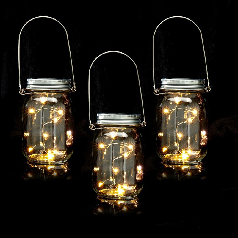 foto del prodotto set da 3 lampade solari in vetro, lanterna a barattolo con manico e 8 luci a led ognuno, sensore, trasparente relaxdays