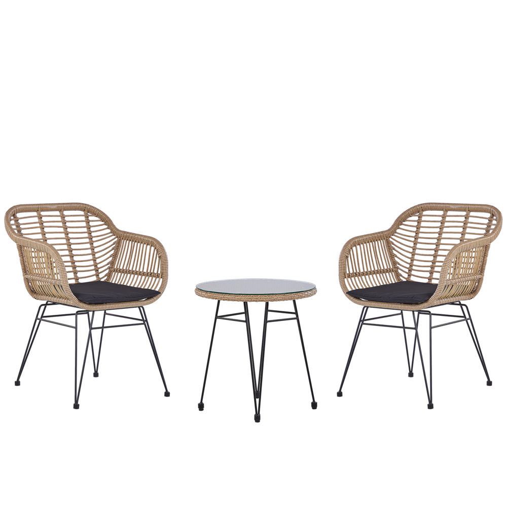 foto del prodotto set da 3 pezzi da bistrot, in finto rattan marrone, con gambe a forcina in metallo nero, piano in vetro