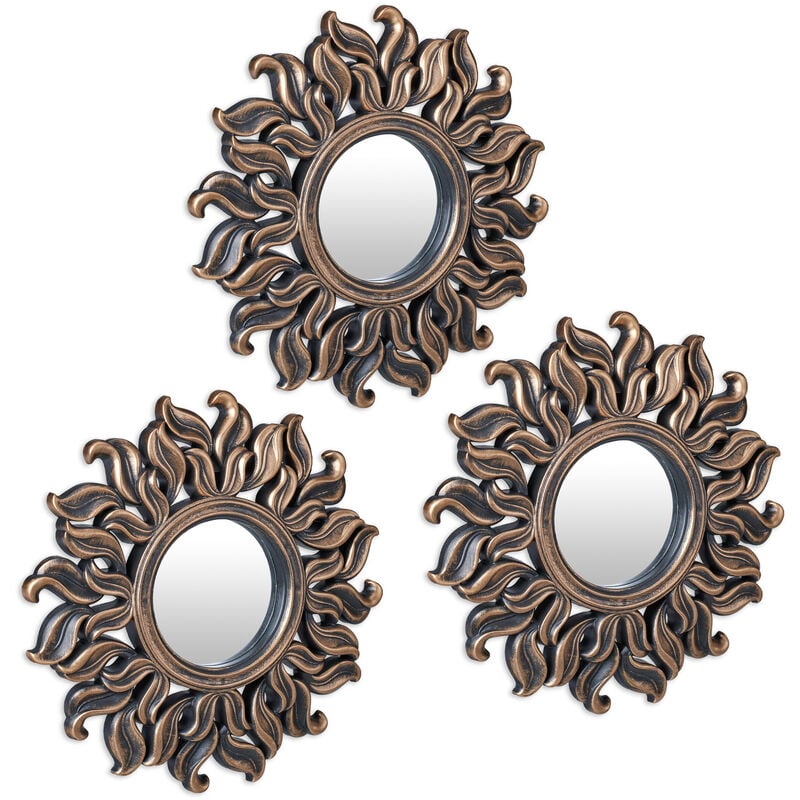 foto del prodotto set da 3 specchi decorativi a forma di sole, rotondi, da parete, cornice in plastica, diametro 24 cm, bronzo relaxdays