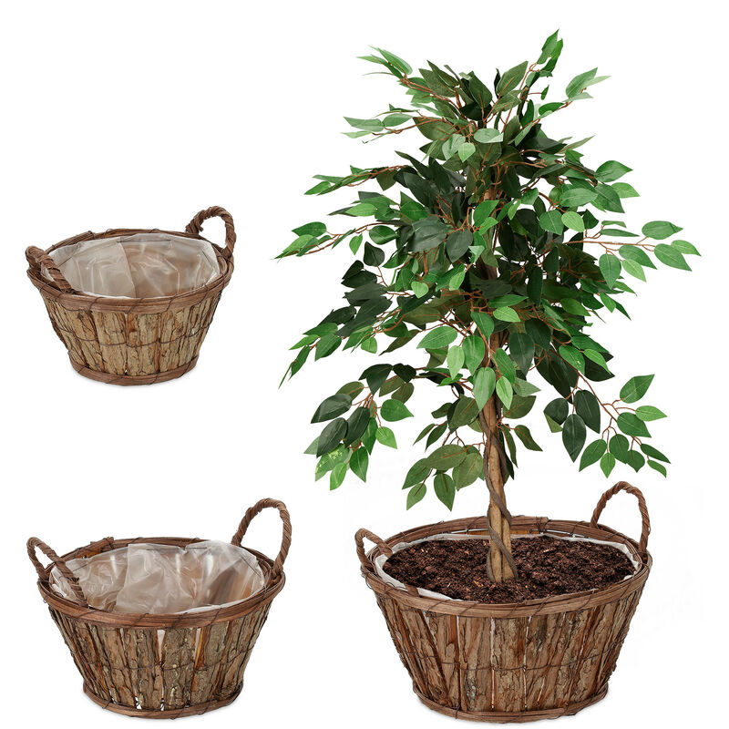foto del prodotto set da 3 vasi per fiori, fioriere in legno con corteccia e rivestimento, per interni, 3 grandezze, naturale relaxdays