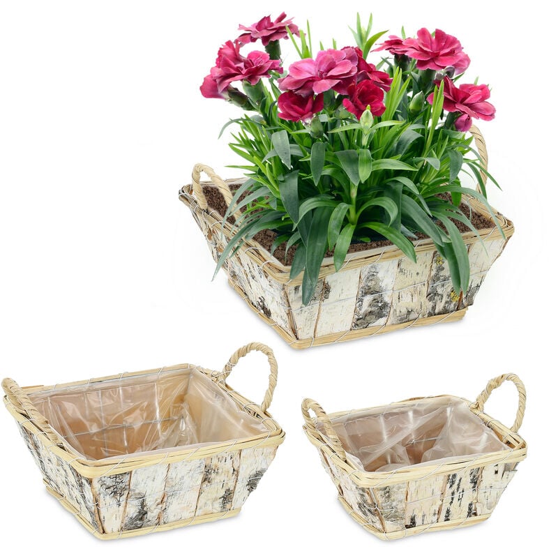 foto del prodotto set da 3 vasi per fiori, fioriere quadrate in legno con manici e rivestimento indoor 3 misure, bianco naturale relaxdays