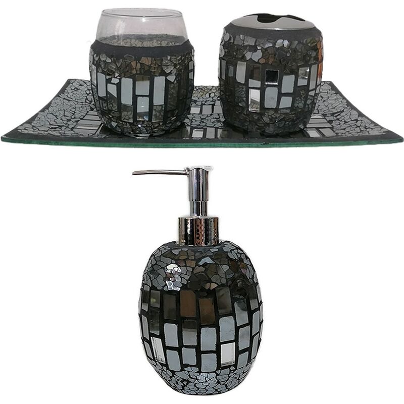 foto del prodotto set da 4 accessori da bagno arredo vassoio con porta sapone spazzolini spazzole per casa con specchio effetto mosaico