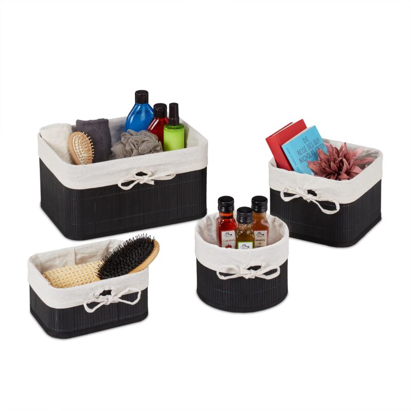 foto del prodotto set da 4 cestini portaoggetti, contenitori in bamb per armadio e scaffali, per bagno, 4 grandezze, nero crema, poliestere relaxdays