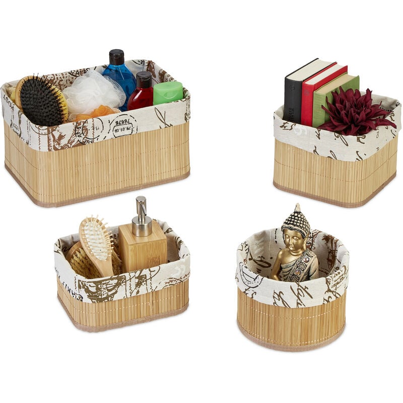 foto del prodotto set da 4 cestini portaoggetti, contenitori salvaspazio in bamb e poliestere, 4 grandezze, naturale crema relaxdays