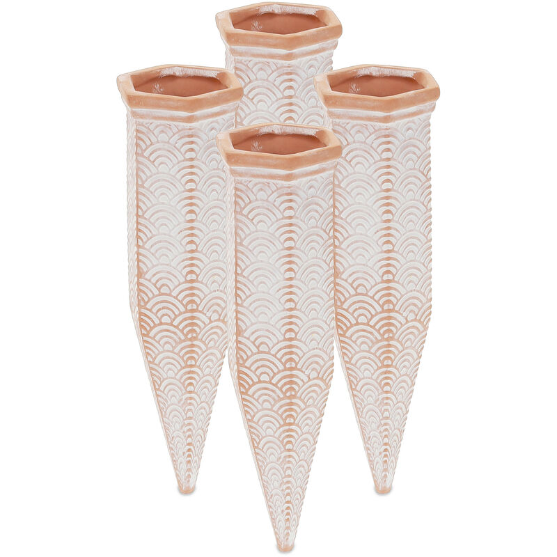 foto del prodotto set da 4 coni irrigazione, innaffiatori piante e fioriere, per bottiglie da 1,5 l in pet, terracotta bianco relaxdays