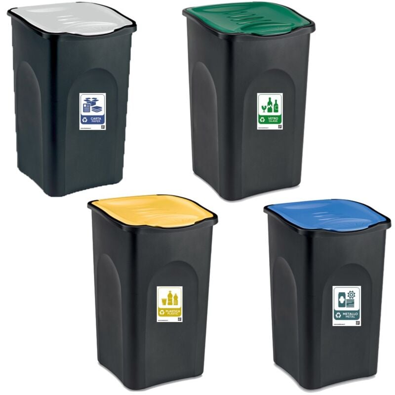 foto del prodotto set da 4 contenitori ecologici bidoni per la raccolta differenziata pattumiere 50l con etichette coperchi verde giallo blu bianco per interno o