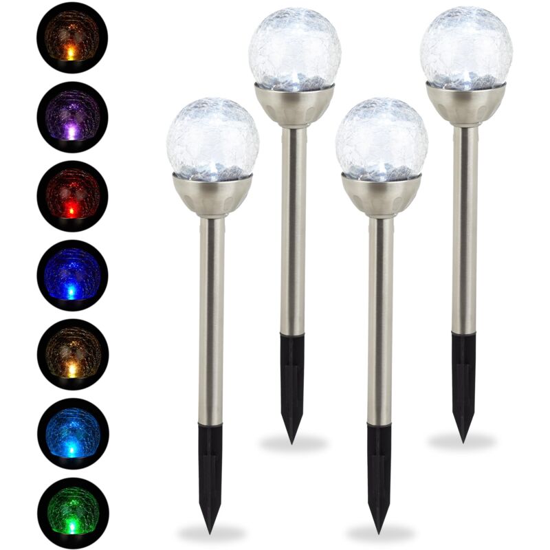 foto del prodotto set da 4 luci solari sferiche da giardino, effetto vetro rotto, impermeabili, cambio colore, argento relaxdays