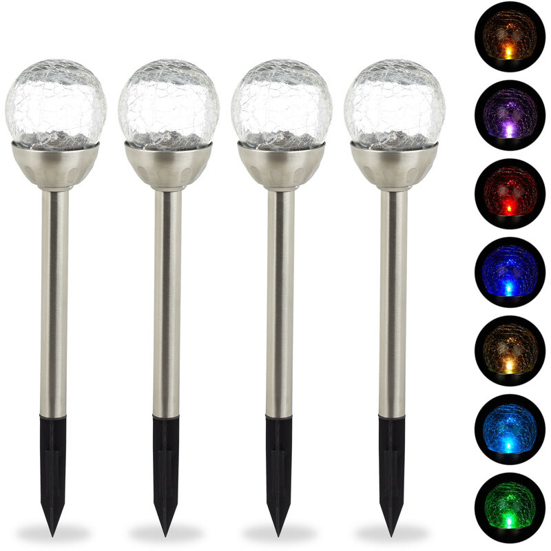 foto del prodotto set da 4 luci solari sferiche da giardino, effetto vetro rotto, impermeabili, paletti inclusi, argento