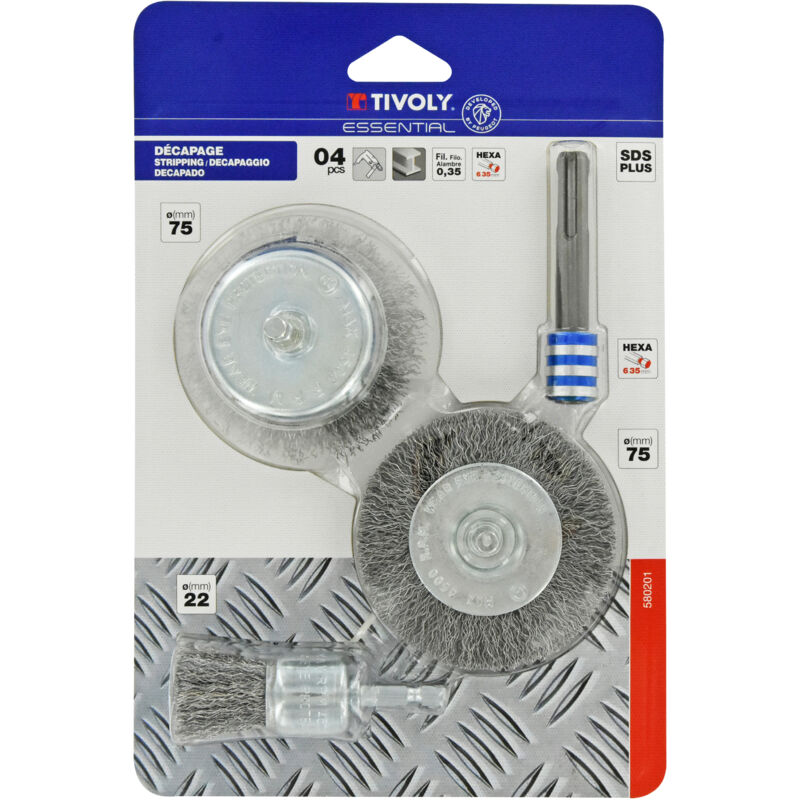 foto del prodotto set da 4 pezzi 3 spazzole metalliche 1 adattatore sds tivoly