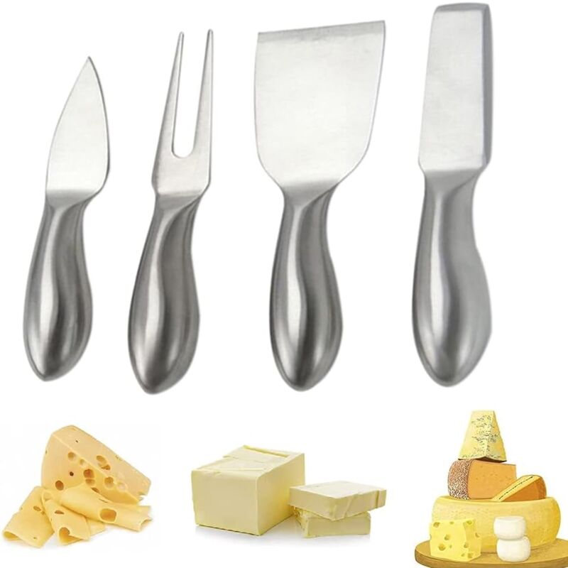 foto del prodotto set da 4 pezzi composto da affettatrice per formaggio in acciaio inossidabile, pala per formaggio e forchetta per formaggio.