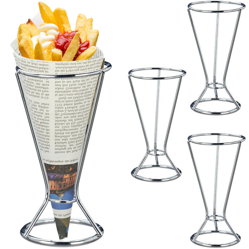 foto del prodotto set da 4 porta coni per patatine fritte in acciaio inox, hxd 16x9,5 cm, supporto per chips e fritture, argento relaxdays