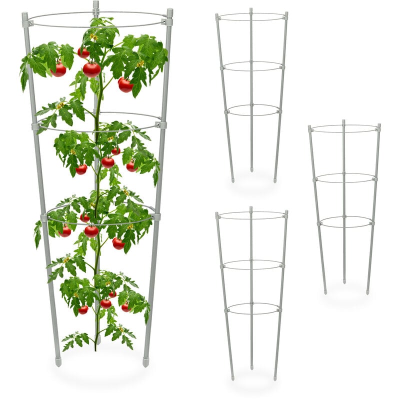 foto del prodotto set da 4 sostegni circolari per pomodori, piante rampicanti, cetrioli, alti 45 cm, 3 anelli, ferro, grigio relaxdays